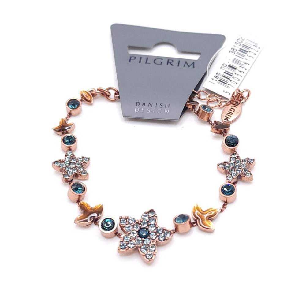 Pilgrim Rose Gold Charm Bracelet Swarovski Star Flowers NWT